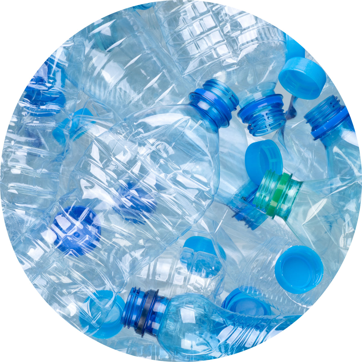Pile of blue plastic bottles. Allta